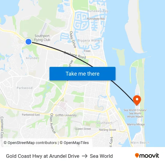 Gold Coast Hwy at Arundel Drive to Sea World map