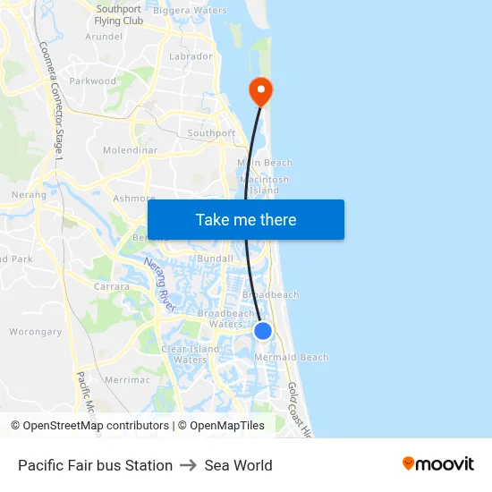 Pacific Fair bus Station to Sea World map
