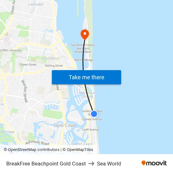 BreakFree Beachpoint Gold Coast to Sea World map