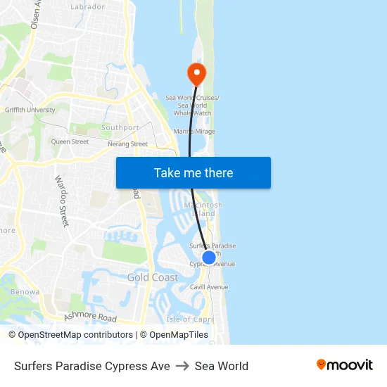 Surfers Paradise Cypress Ave to Sea World map