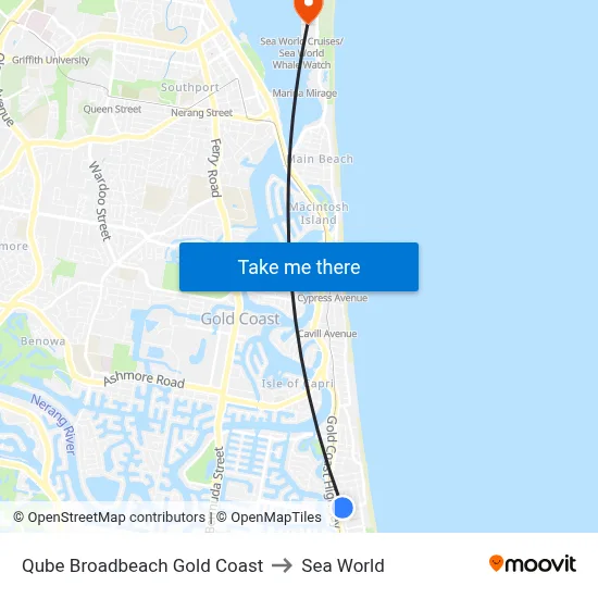 Qube Broadbeach Gold Coast to Sea World map