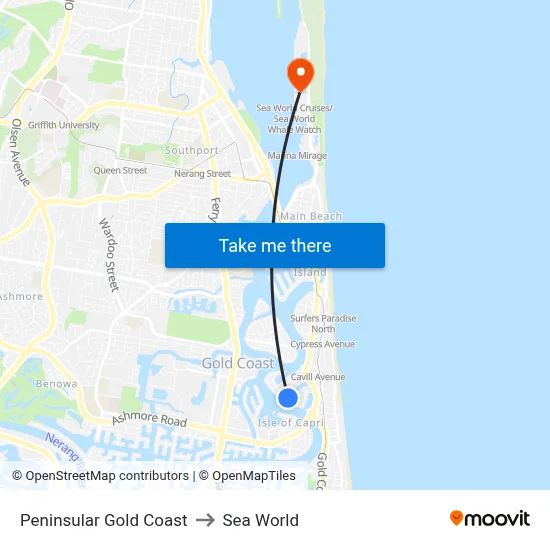 Peninsular Gold Coast to Sea World map