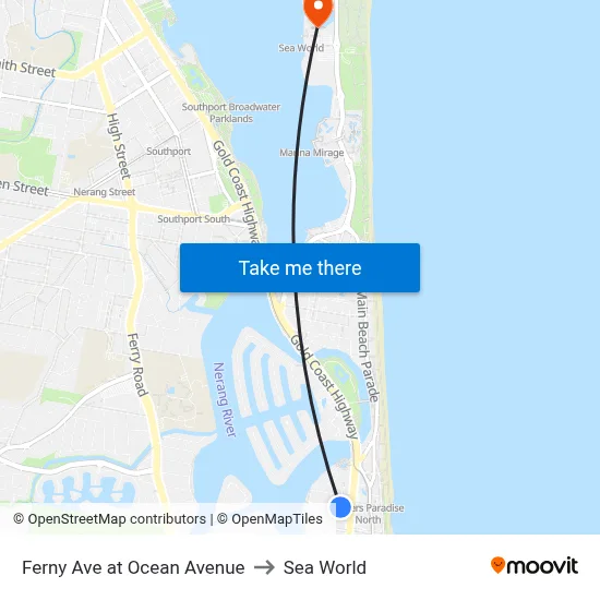 Ferny Ave at Ocean Avenue to Sea World map