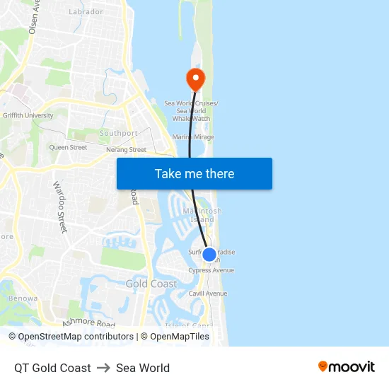 QT Gold Coast to Sea World map