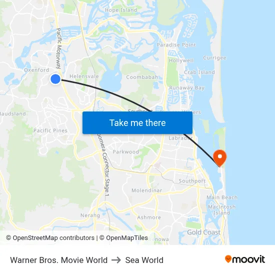 Warner Bros. Movie World to Sea World map