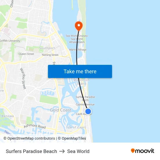 Surfers Paradise Beach to Sea World map
