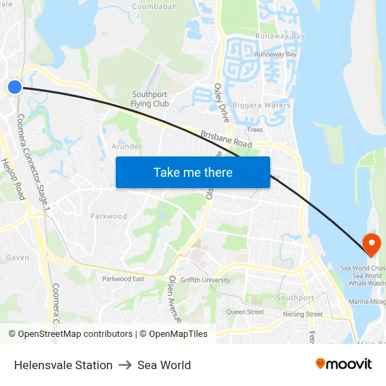 Helensvale Station to Sea World map