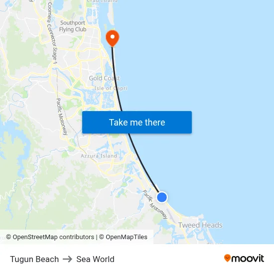 Tugun Beach to Sea World map