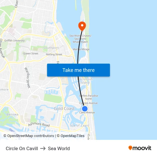 Circle On Cavill to Sea World map