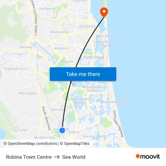 Robina Town Centre to Sea World map