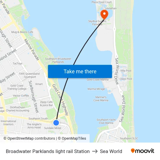Broadwater Parklands light rail Station to Sea World map