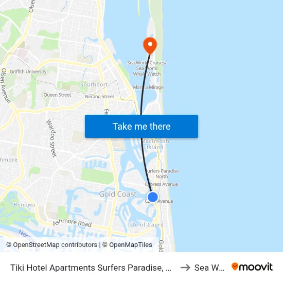 Tiki Hotel Apartments Surfers Paradise, Gold Coast to Sea World map
