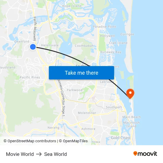 Movie World to Sea World map