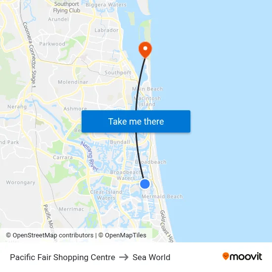 Pacific Fair Shopping Centre to Sea World map