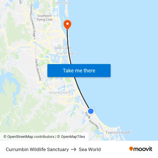 Currumbin Wildlife Sanctuary to Sea World map