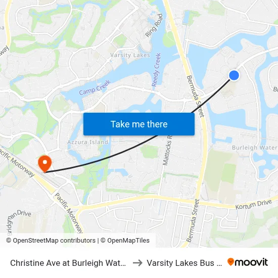 Christine Ave at Burleigh Waters Library to Varsity Lakes Bus Station map