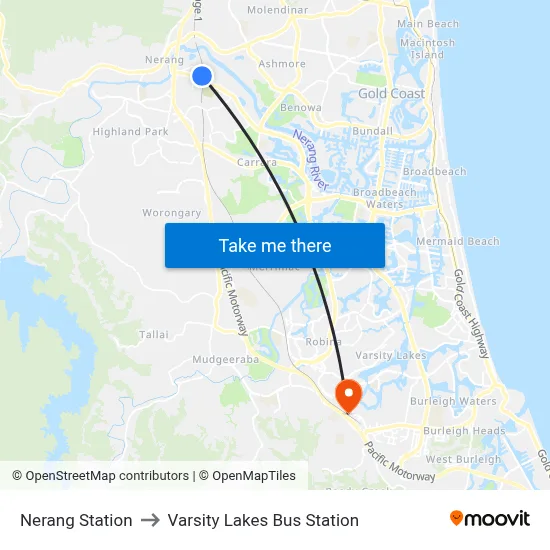 Nerang Station to Varsity Lakes Bus Station map