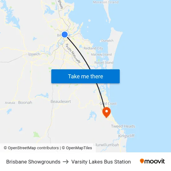 Brisbane Showgrounds to Varsity Lakes Bus Station map
