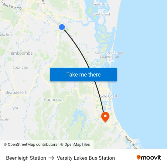 Beenleigh Station to Varsity Lakes Bus Station map