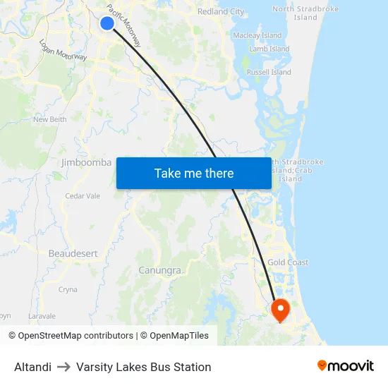 Altandi to Varsity Lakes Bus Station map