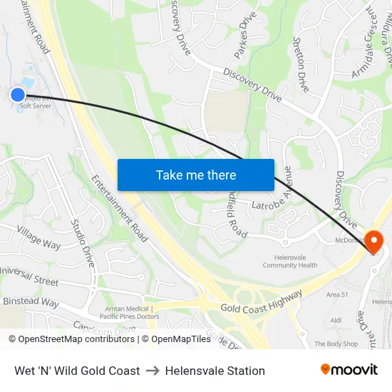 Wet 'N' Wild Gold Coast to Helensvale Station map