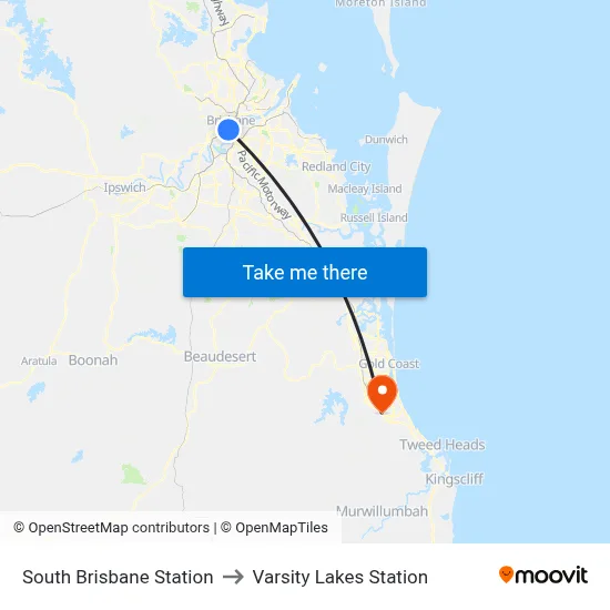 South Brisbane Station to Varsity Lakes Station map