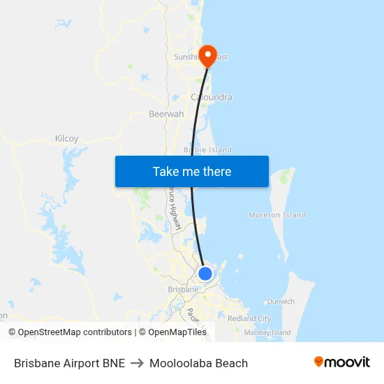 Brisbane Airport BNE to Mooloolaba Beach map