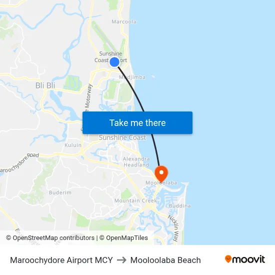 Maroochydore Airport MCY to Mooloolaba Beach map