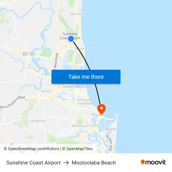 Sunshine Coast Airport to Mooloolaba Beach map