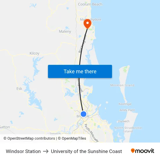 Windsor Station to University of the Sunshine Coast map