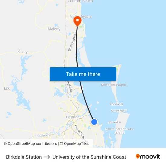 Birkdale Station to University of the Sunshine Coast map