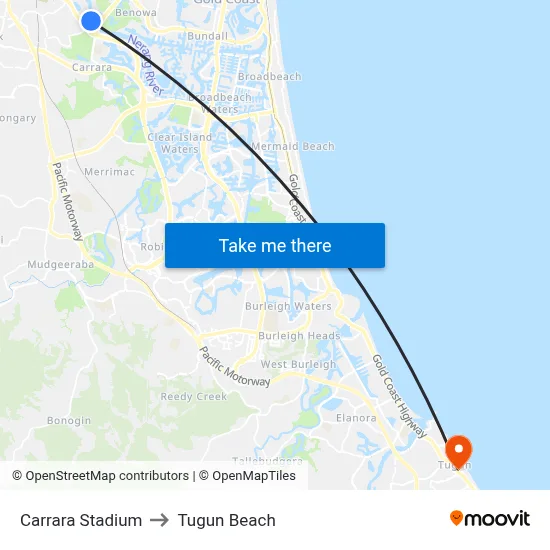 Carrara Stadium to Tugun Beach map
