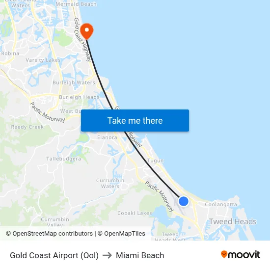 Gold Coast Airport (Ool) to Miami Beach map