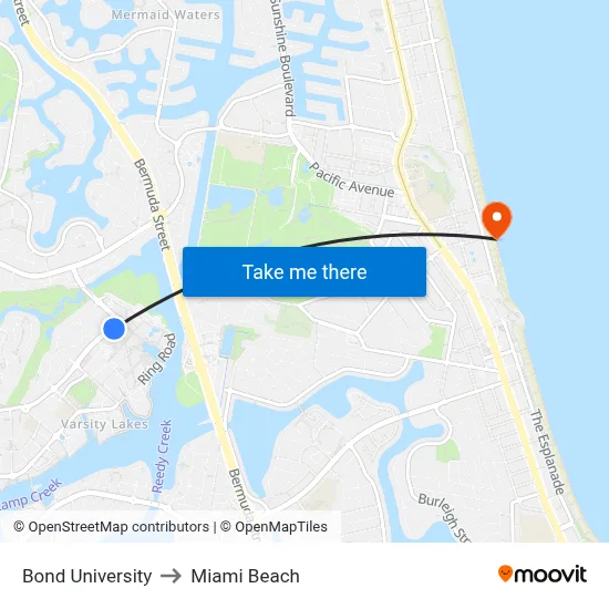 Bond University to Miami Beach map