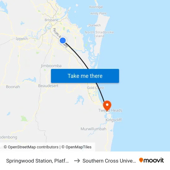 Springwood Station, Platform 1 to Southern Cross University map