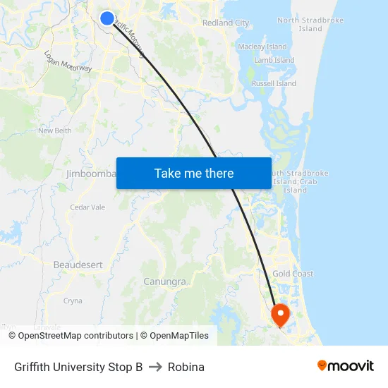 Griffith University Stop B to Robina map