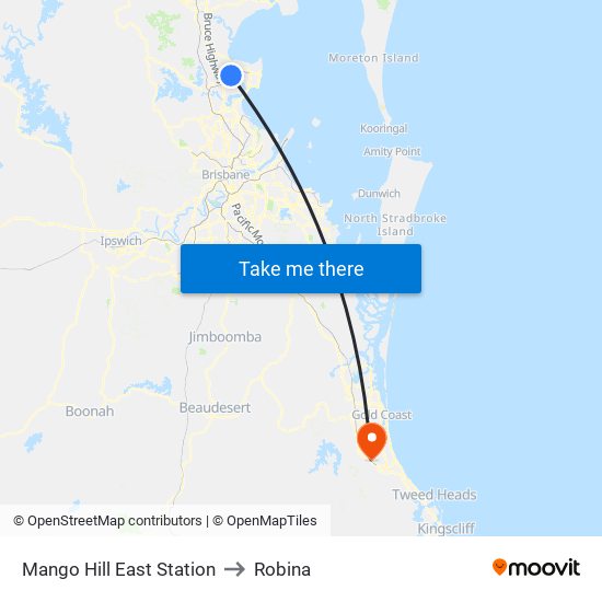 Mango Hill East Station to Robina map