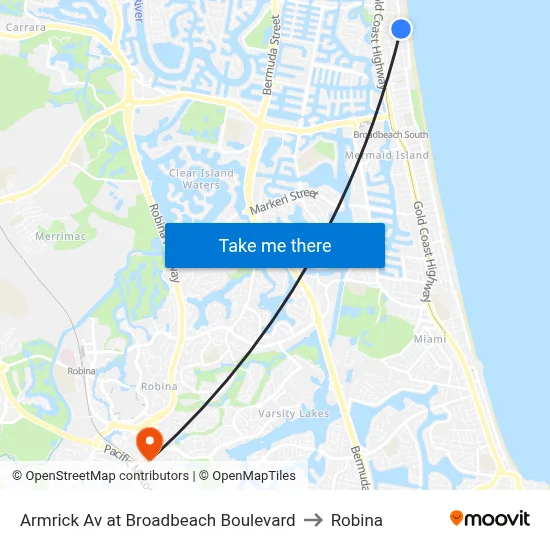 Armrick Av at Broadbeach Boulevard to Robina map