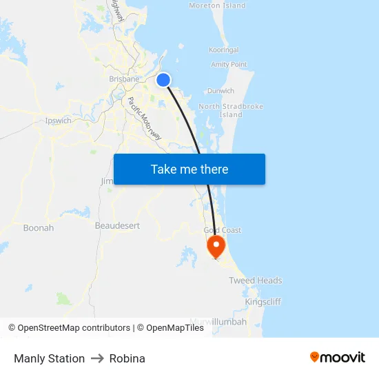 Manly Station to Robina map