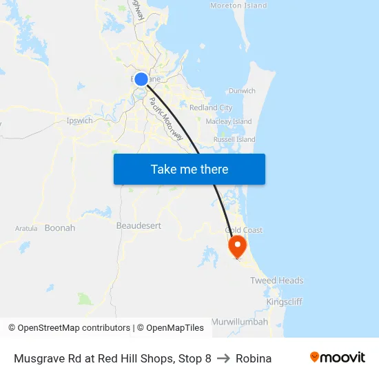 Musgrave Rd at Red Hill Shops, Stop 8 to Robina map
