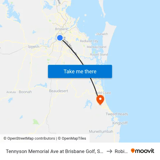 Tennyson Memorial Ave at Brisbane Golf, Stop 36 to Robina map