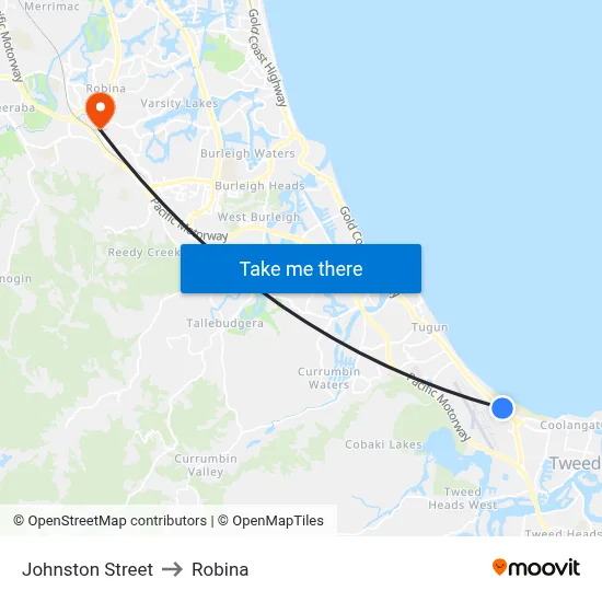 Johnston Street to Robina map