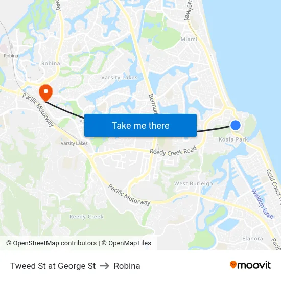 Tweed St at George St to Robina map