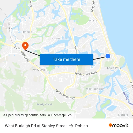 West Burleigh Rd at Stanley Street to Robina map