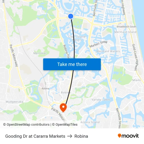 Gooding Dr at Cararra Markets to Robina map