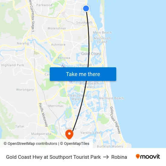 Gold Coast Hwy at Southport Tourist Park to Robina map