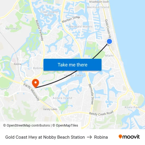 Gold Coast Hwy at Nobby Beach Station to Robina map