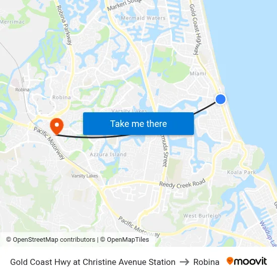 Gold Coast Hwy at Christine Avenue Station to Robina map