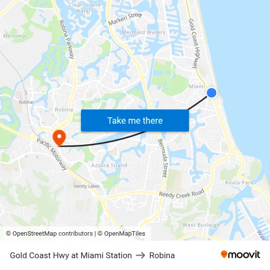 Gold Coast Hwy at Miami Station to Robina map