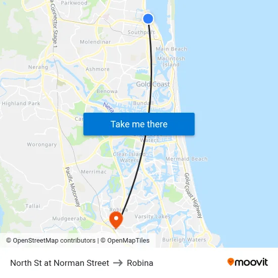 North St at Norman Street to Robina map